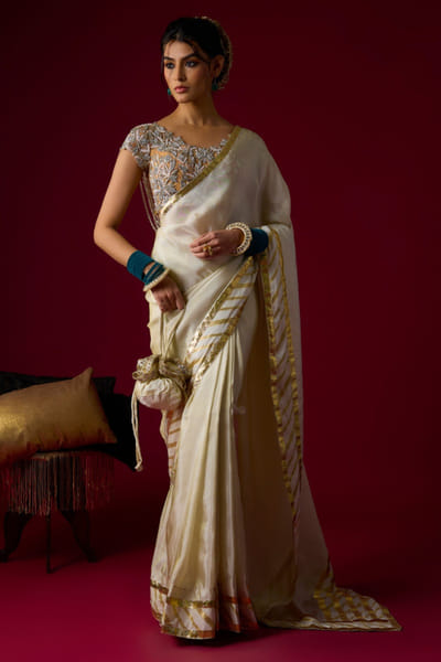 Gold pearl embroidered tissue sari set