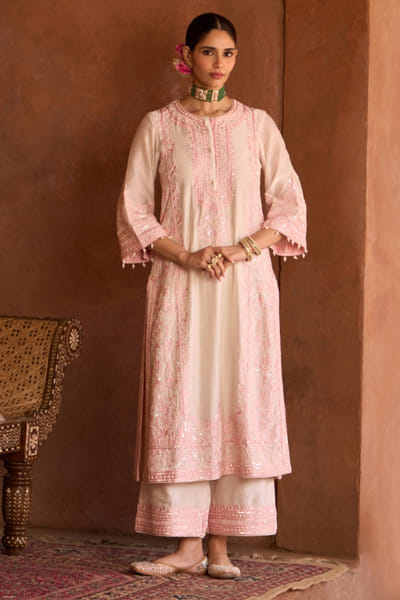 Sheetal Batra Ivory and pink Parsi gara embroidery kurta set SHEEMAY26D144667