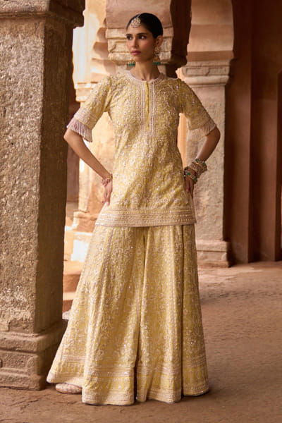 Sheetal Batra Lemon yellow Parsi gara embroidery sharara set SHEEMAY26D144656
