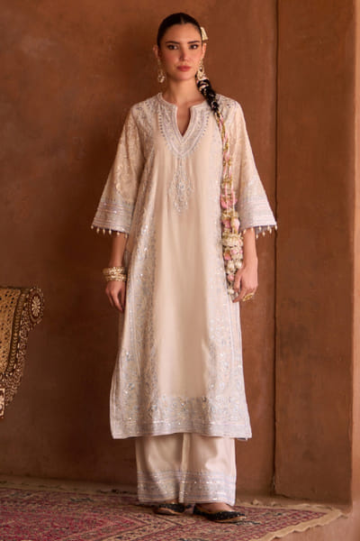 Sheetal Batra Ivory and blue pearl embroidered kurta set SHEEMAY26D144663