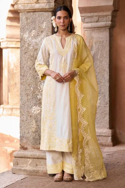 Sheetal Batra Ivory and yellow sequin embroidered kurta set SHEEMAY26D144662