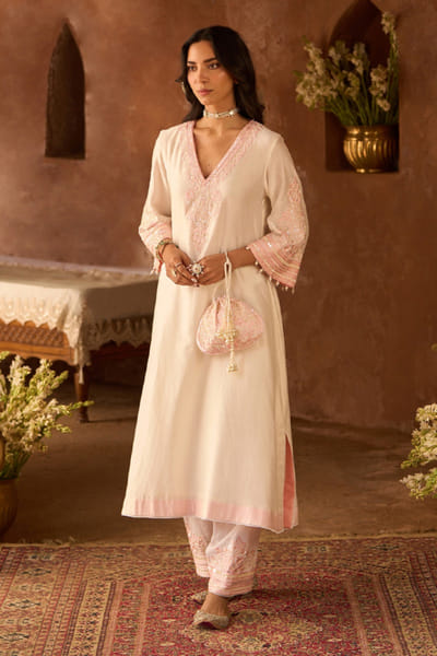 Sheetal Batra Ivory and pink sequin embroidered kaftan set SHEEMAY26D144685