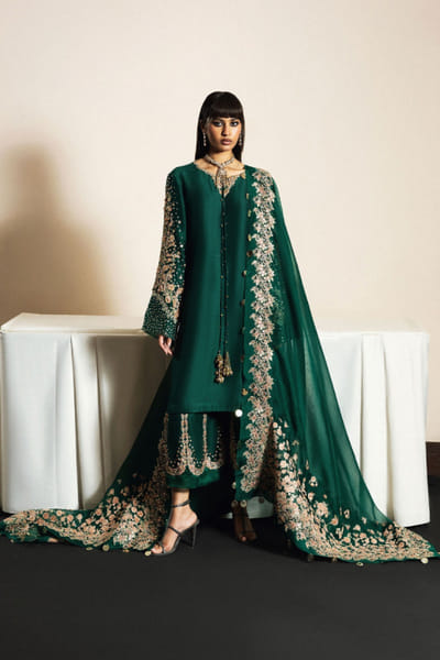 Bottle green floral embellished kurta set