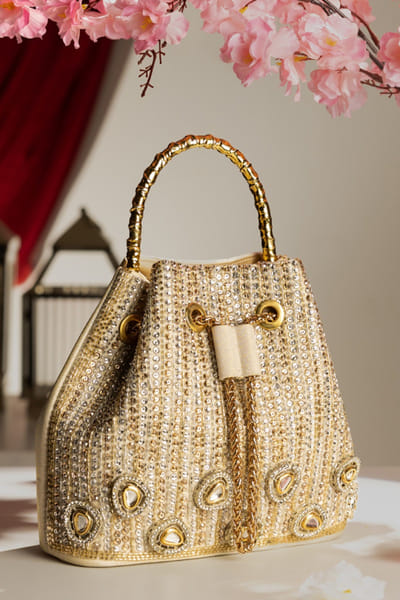 Gold polki stones embellished bucket bag