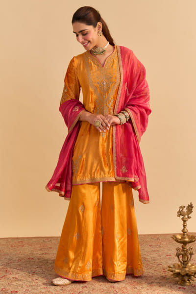 Orange embroidered kurta and palazzo set