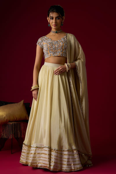 Gold pearl embroidered lehenga set