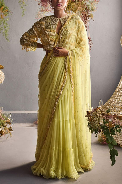 Yellow embellished sari set