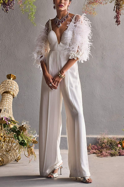 White feather accented jumpsuit