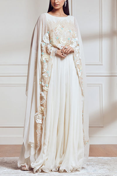 Light lemon embellished cape gown