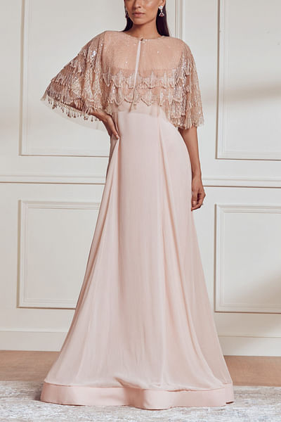 Light blush fringe embellished gown
