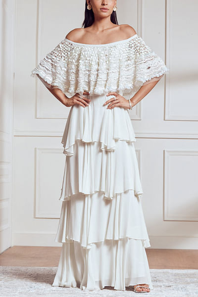 Ivory tiered off shoulder dress