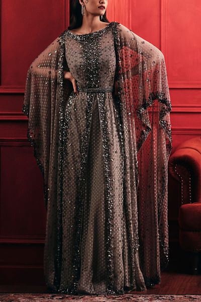 Grey embellished cape sleeve gown