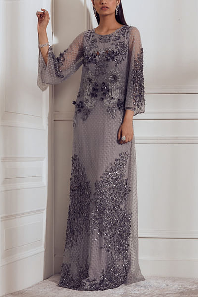 Grey embellished tulle gown