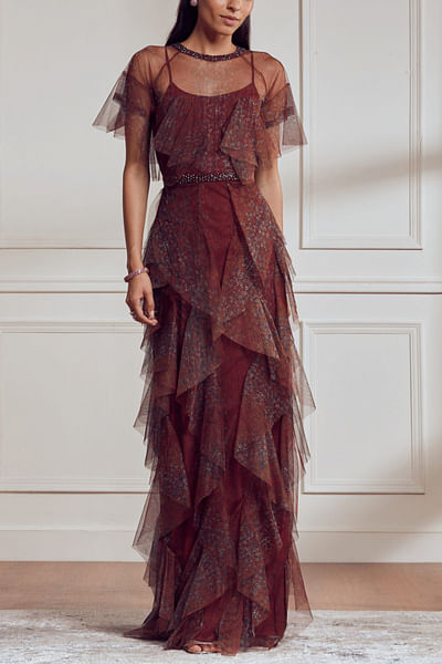 Wine multi cascade gown