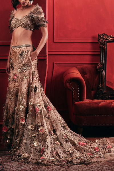 Gold applique embellished lehenga set