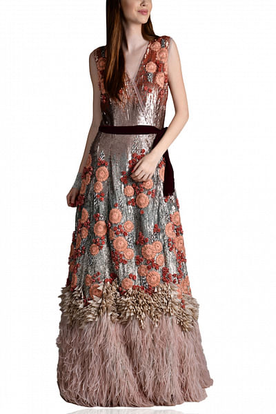 Multicolor floral & feather gown