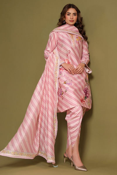Light pink stripe and floral printed dupatta
