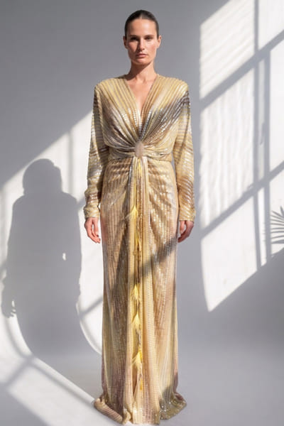 Nikita Mhaisalkar Yellow sequin embellished draped dress NIKIJUN26D148085