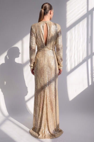 Nikita Mhaisalkar Yellow sequin embellished draped dress NIKIJUN26D148085