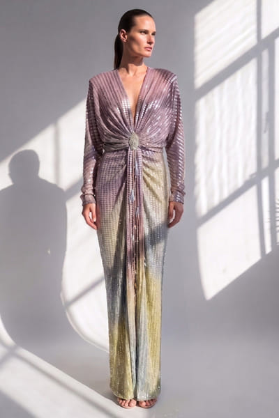Nikita Mhaisalkar Purple sequin embellished draped dress NIKIJUN26D148087