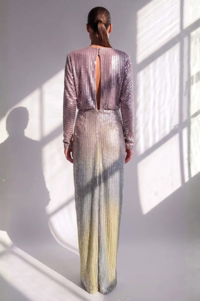 Nikita Mhaisalkar Purple sequin embellished draped dress NIKIJUN26D148087
