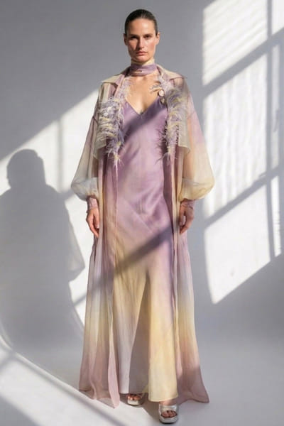 Nikita Mhaisalkar Purple printed trench coat and dress set NIKIJUN26D148091