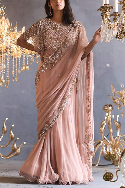 Blush pre-stitched sari set