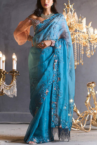 Teal and blush sari set