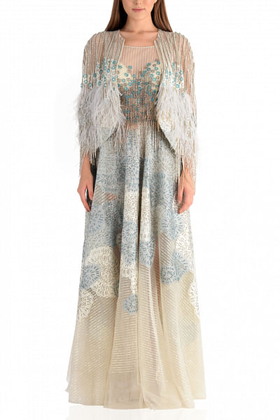 Faux feather embellished cape & gown
