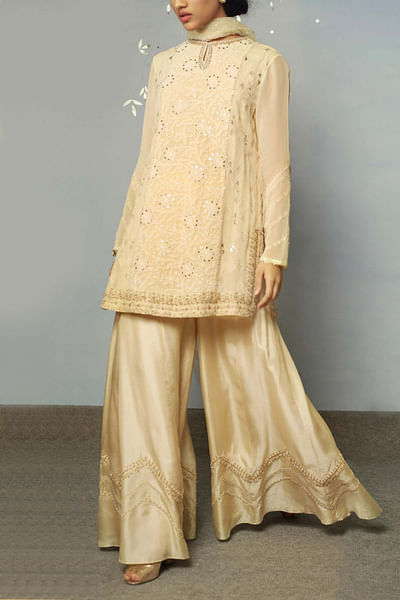 Beige chikankari kurta sharara set