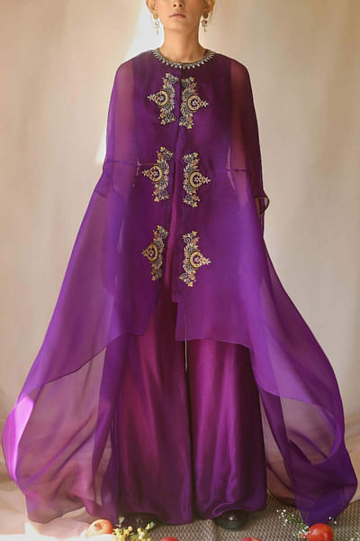 Purple embroidered cape set