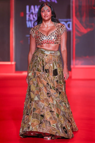 Multicoloured mirror embellished lehenga set