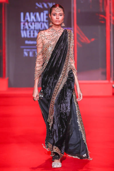 Black Madhubani embroidered sari set