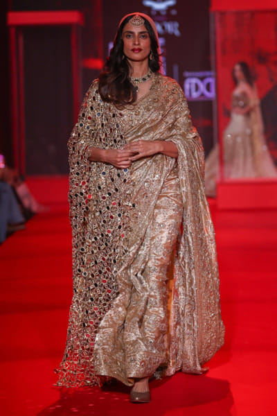 Gold mirror embroidered tissue sari set