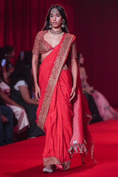 Red mirror embroidered sari set