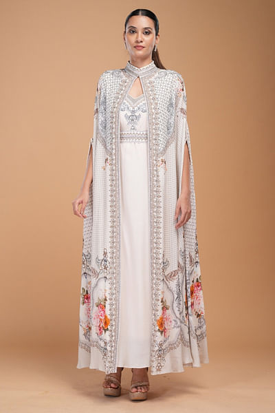 White print rhinestone embroidery cape gown