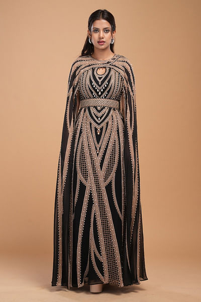 Black and gold print embroidered cape gown