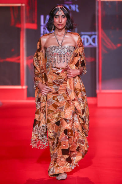 Orange and gold embellished corset sari set