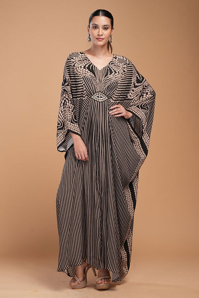 Black print rhinestone embroidery kaftan