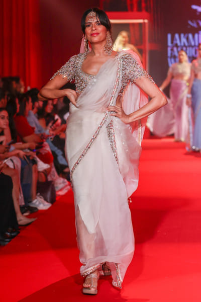 White bead embroidered sari set