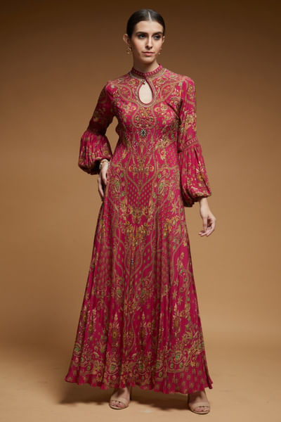 Fuchsia printed and Swarovski embroidered gown