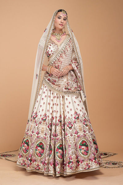 Ivory print rhinestone embroidery lehenga set