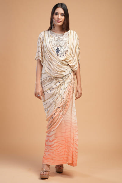 Beige rhinestone embroidered dress