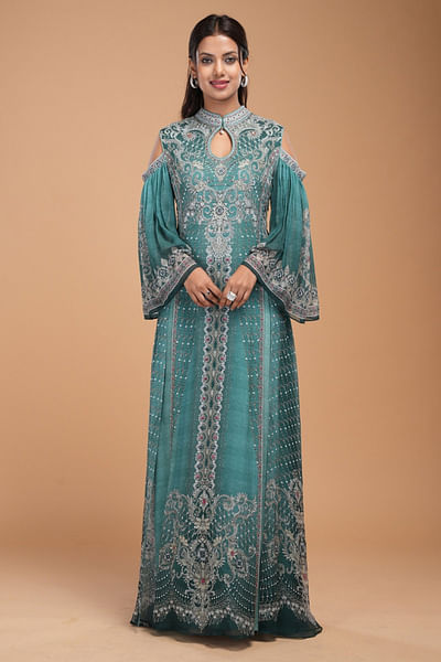 Teal print rhinestone embroidery belted gown