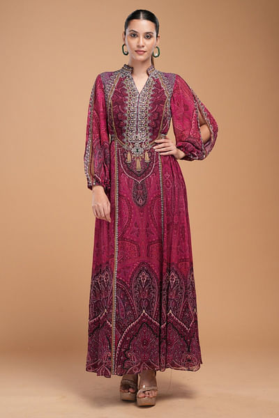 Wine print rhinestone embroidered belted dress