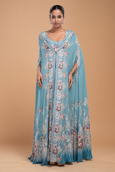 Aqua print rhinestone embroidery kaftan dress