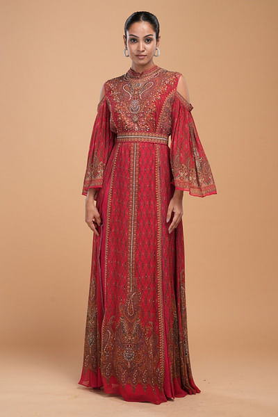 Fuchsia printed and embroidered belted gown