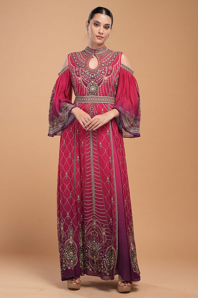 Red printed and embroidered belted gown