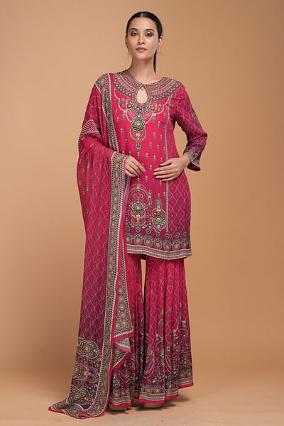Red printed and embroidery sharara set