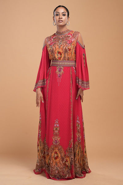 Red print rhinestone embroidery belted gown